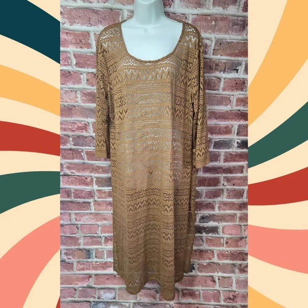 Cato Boho Midi‎ Dress 2XL | Festival Brown Knit Loose Fit Round Neck